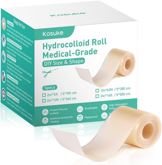 Hydrocolloid Roll for Wound Care, Large Hydrocolloid Bandages Patch with Self-Adhesive Waterproof Ultra Absorbent Flexible DIY Size & Shape First Aid Kit Essential (2in*6.8ft)