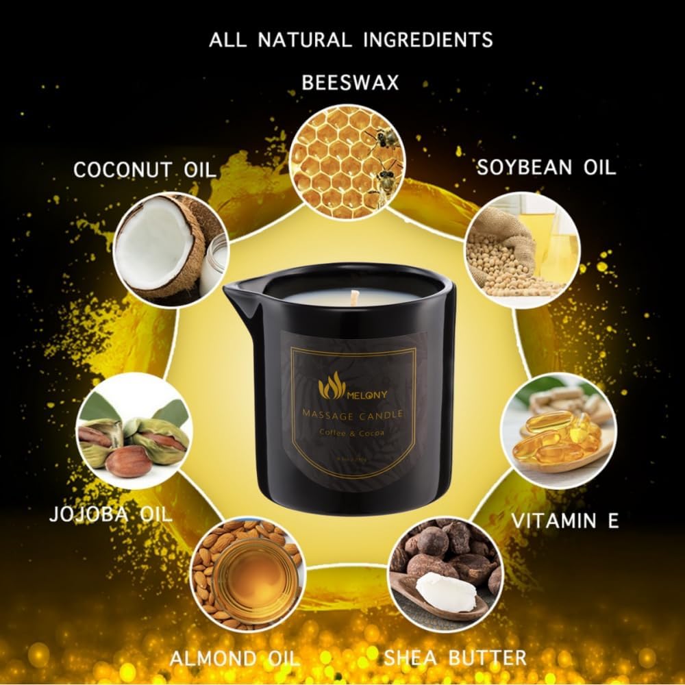 MELONY Massage Oil Candle for Pure Relaxation- 8.1 oz- Moisturizing Essential Oil Body Massage Candle for Home Spa- Amazing Gift for Women & Men (Coffee & Cocoa)