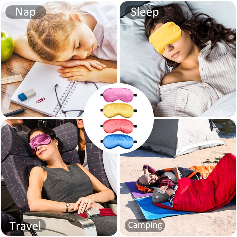 BBTO 4 Pcs Silk Sleep Eye Masks Smooth Soft Satin Eye Covers with Adjustable Strap Blindfold for Sleeping Blocking Out Lights Travel Relaxation(Blue, Watermelon Red, Gold, Purple)