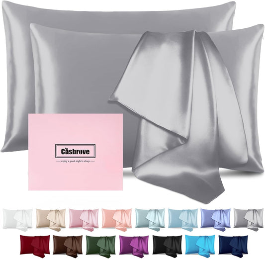 Silk Pillow Cases 2 Pack Mulberry Silk Pillow Cases Soft Breathable Both Sided Natural Silk Pillowcase with Zipper Beauty Sleep Silk Pillow Cases for Gift(Standard,Silver Gray)