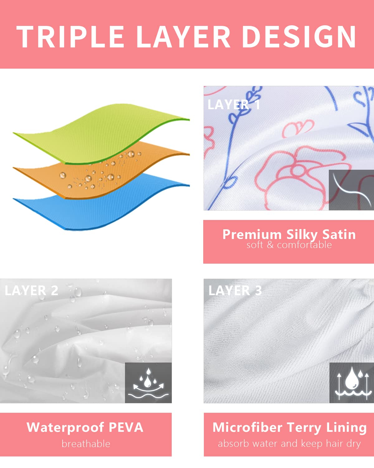 Shower Cap, Triple Layer Large Shower Cap for Women, Terry Cloth Lined Reusable Shower Caps for Long Thick Hair(Line Flower)