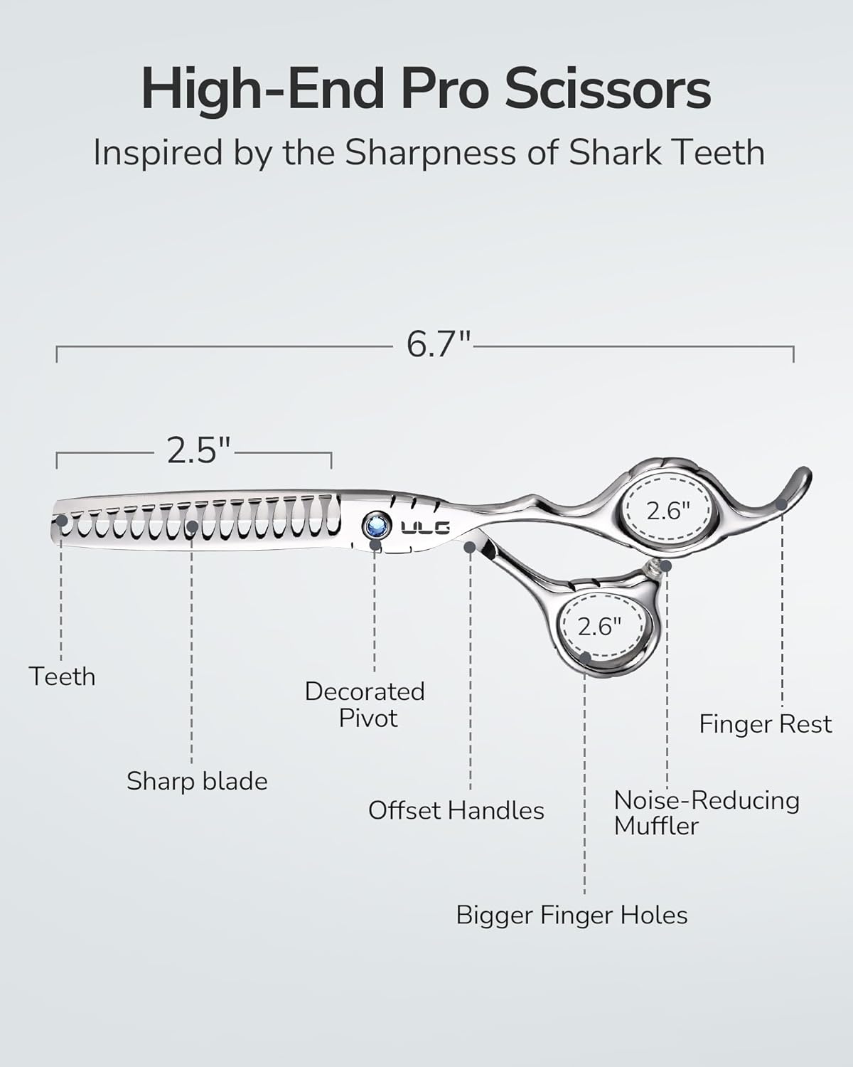 ULG Hair Thinning Scissors 6.7” Shark Series 100% Japanese Stainless Steel, Offset Handle, 16-Tooth Fishbone Chunker 45% Hair Removal, Professional Barber Layering Shears for Salon & Home Hair Styling