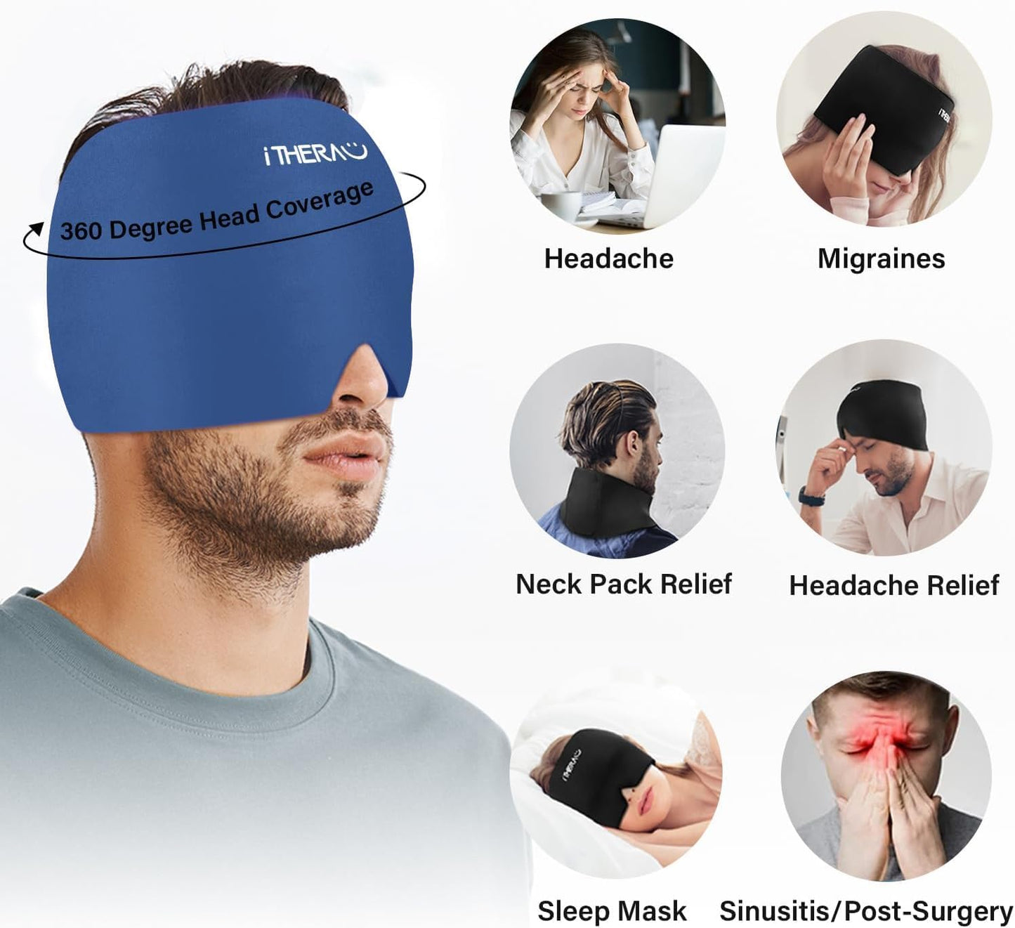 iTHERAU Migraine Relief Cap，Migraine Ice Head Wrap，Headache Ice Hat，Cold Therapy Headache Relief Cap for Migraine Eyes Mask Dark Blue Headache Ice Pack Stress Relief