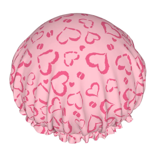 Leopard Print Reusable Shower Caps Pink Heart Dual-Layer Waterproof Bath Hat Hair Caps Elastic Hair Hat for Shower Cooking Clean Makeup Travel