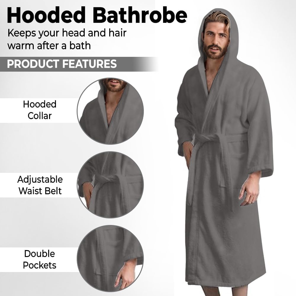 Men’s Hooded Bathrobe, 100% Cotton Terry Bathrobe, Spa Style Bath Robe, Absorbent Shower Robe, Lightweight Towel Bathrobes