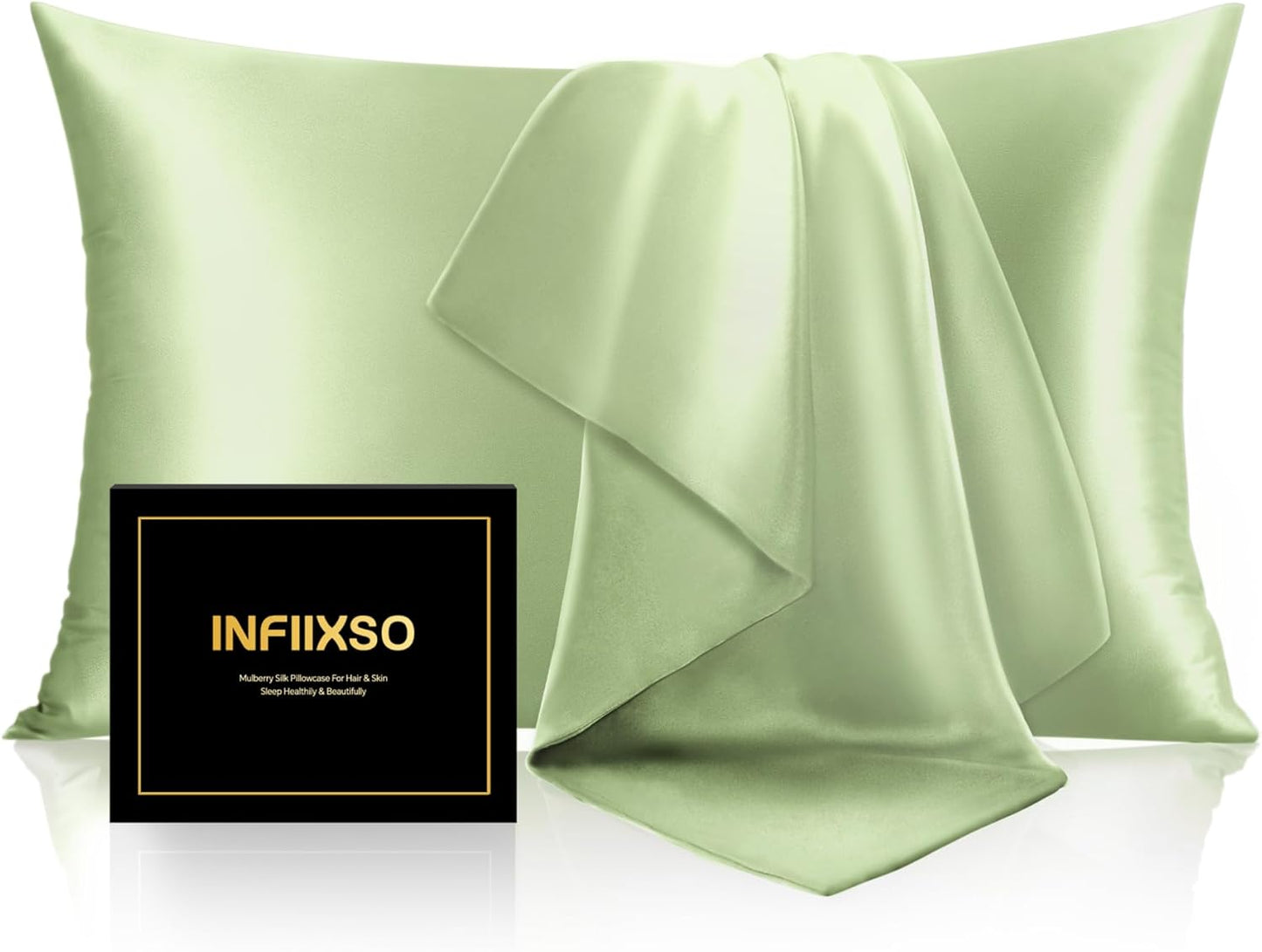INFIIXSO Mulberry Silk Pillowcase for Hair and Skin, Silk Pillow Cases Standard Size with Hidden Zipper 20"x26", Extraordinary Smooth and Soft Cooling Pillow Cases for Hot Sleepers(Sage Green, 1 Pack)