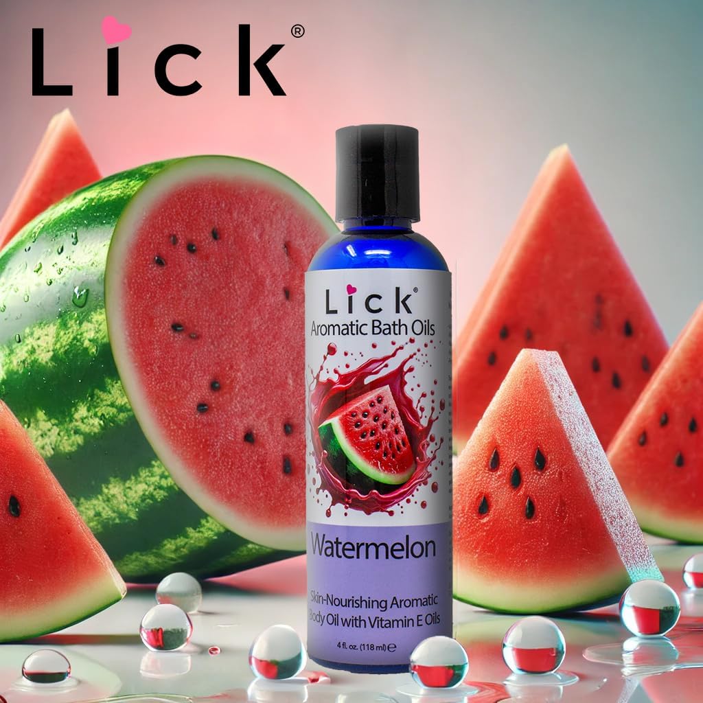 Lick Watermelon Aromatic Bath Oil - Natural Sweet Almond, Vitamin E & Jojoba Oils for Luxurious Experience for Women. Moisturizes Dry Skin, 12 Enchanting Aromas, Paraben Free, Made in USA 4 fl oz