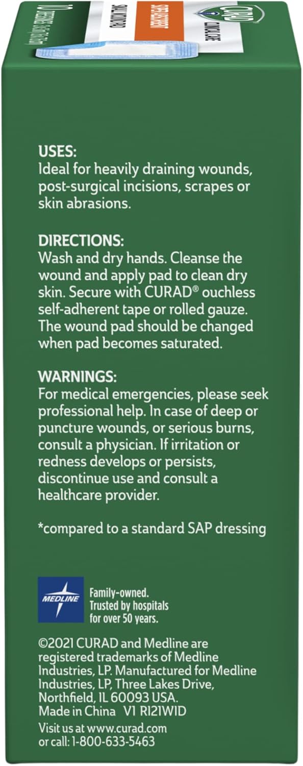 Curad Super Absorbent Wound Pad, Medium, 4" x 4", 10 Count