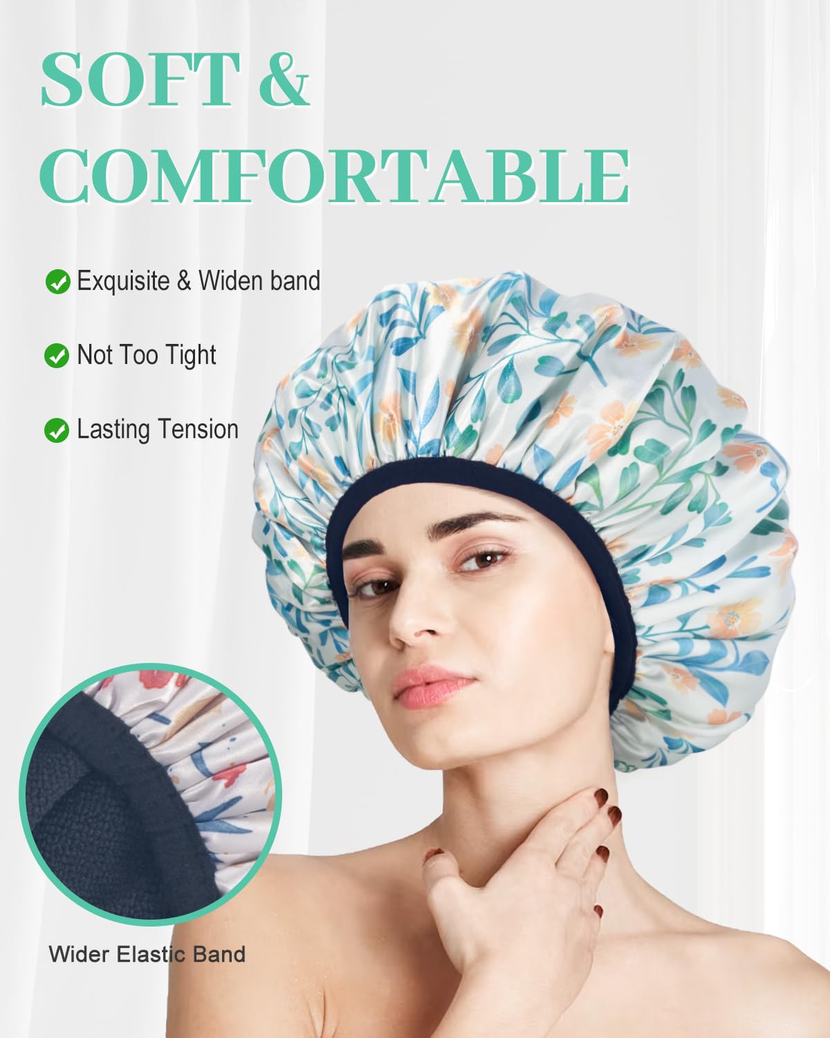 Shower Caps, Terry lined Reusable shower cap Waterproof Large Shower Cap for Women, Triple Layer Shower Caps for Long Thick Hair