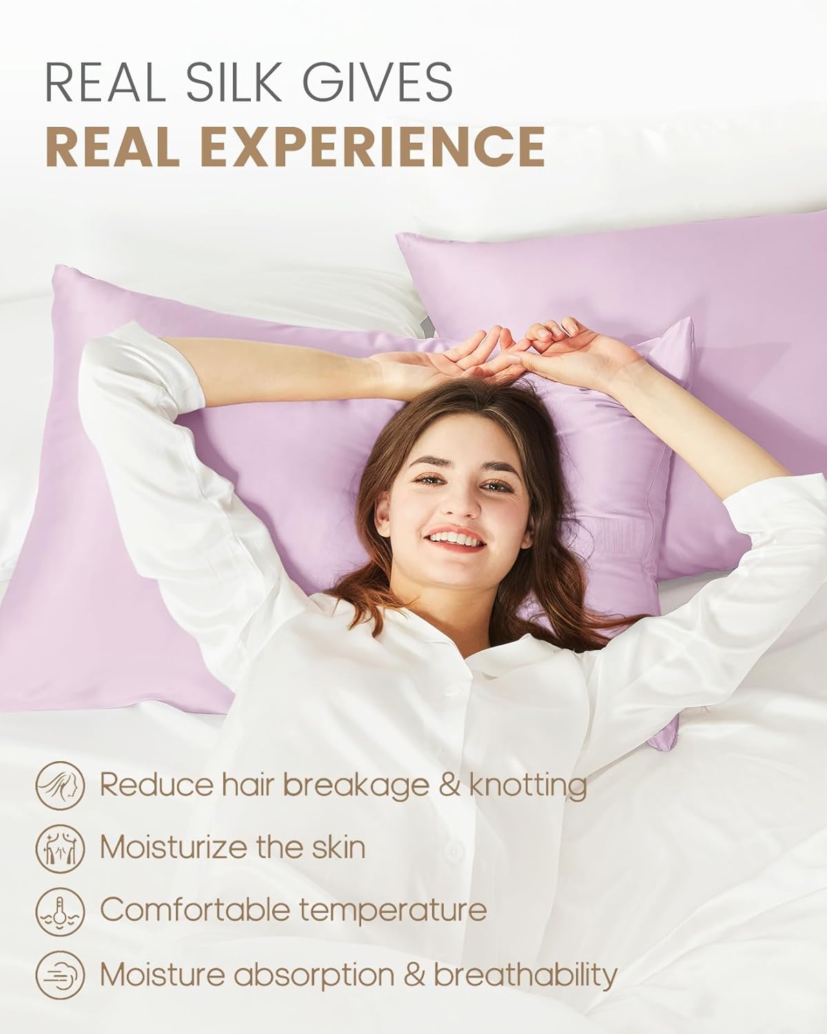 THXSILK Set of 2 100% Mulberry Silk Pillowcase for Hair and Skin Health, Soft Breathable and Smooth Pillowcases with Hidden Zipper, Both Sides Premium Grade 6A+ Silk, Standard 20"x26", Light Purple