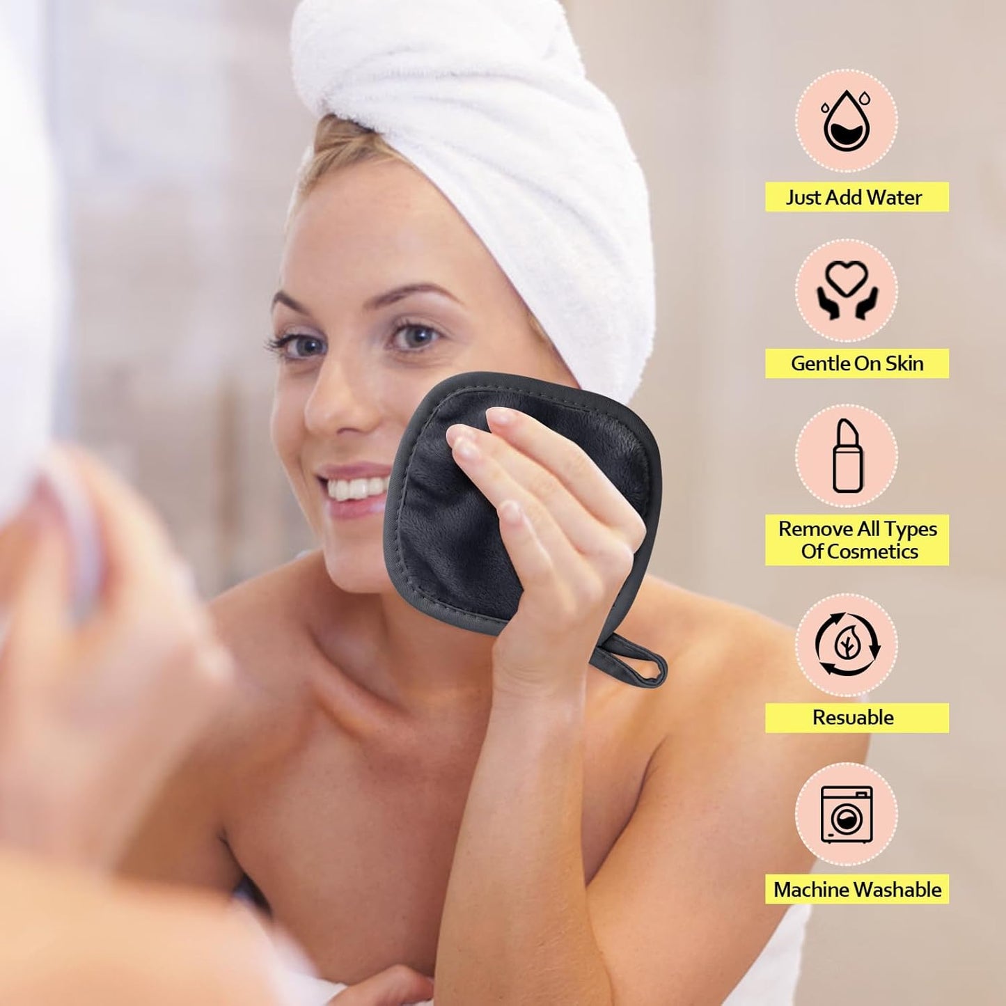 HOMEXCEL Makeup Remover Cloth 12 Count (Pack of 1), Reusable Makeup Remover Pads, Washable Ultra Soft Facial Cleansing Cloths For All Skin Types, 5 X 5 In, Black