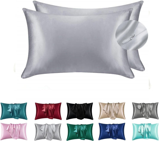 Juwenin Bedding,Luxury Satin Pillowcase with Zipper (Silky Satin Pillow Case for Hair) Set of 2 (Silver, Queen(20''x29''))