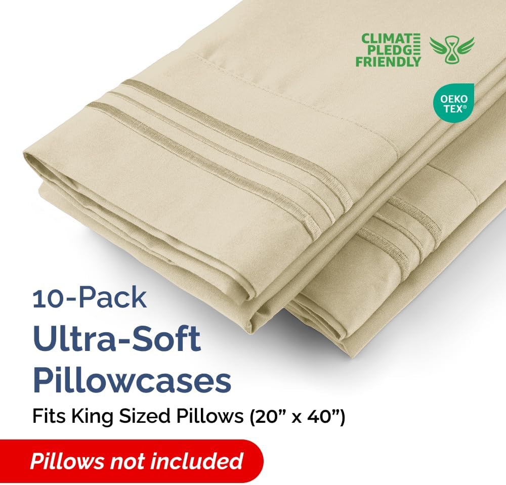 King Pillow Cases Set of 10 - Ultra Soft Hotel Quality Pillowcase Covers - Comfy & Wrinkle Free - Shrink, Stain and Fade Resistant - Easy-Care, Machine Washable Pillow Protectors - 10 Pcs Set - Cream