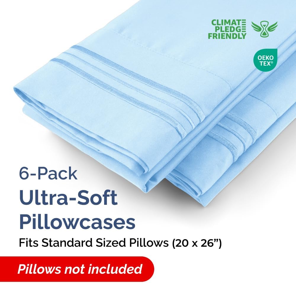 Standard Pillow Cases Set of 6 - Ultra Soft Hotel Quality Pillowcase Covers - Comfy & Wrinkle Free - Shrink, Stain and Fade Resistant - Machine Washable Pillow Protectors - 6 Piece Set - Light Blue