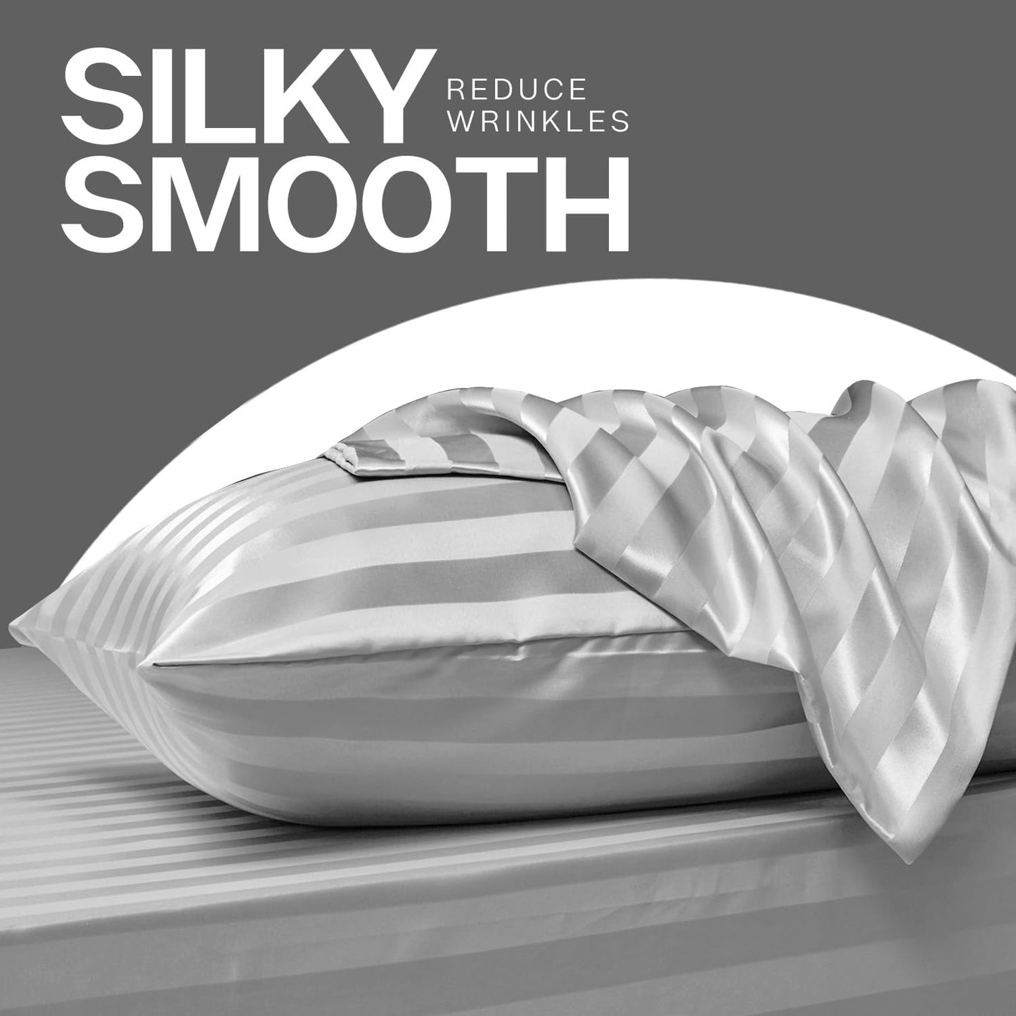 MR&HM Satin Pillowcase for Hair and Skin, Silk Satin Pillowcase 2 Pack, Queen Size Pillow Cases Set of 2, Silky Pillow Cover with Envelope Closure (20x30, Silver Grey Striped)