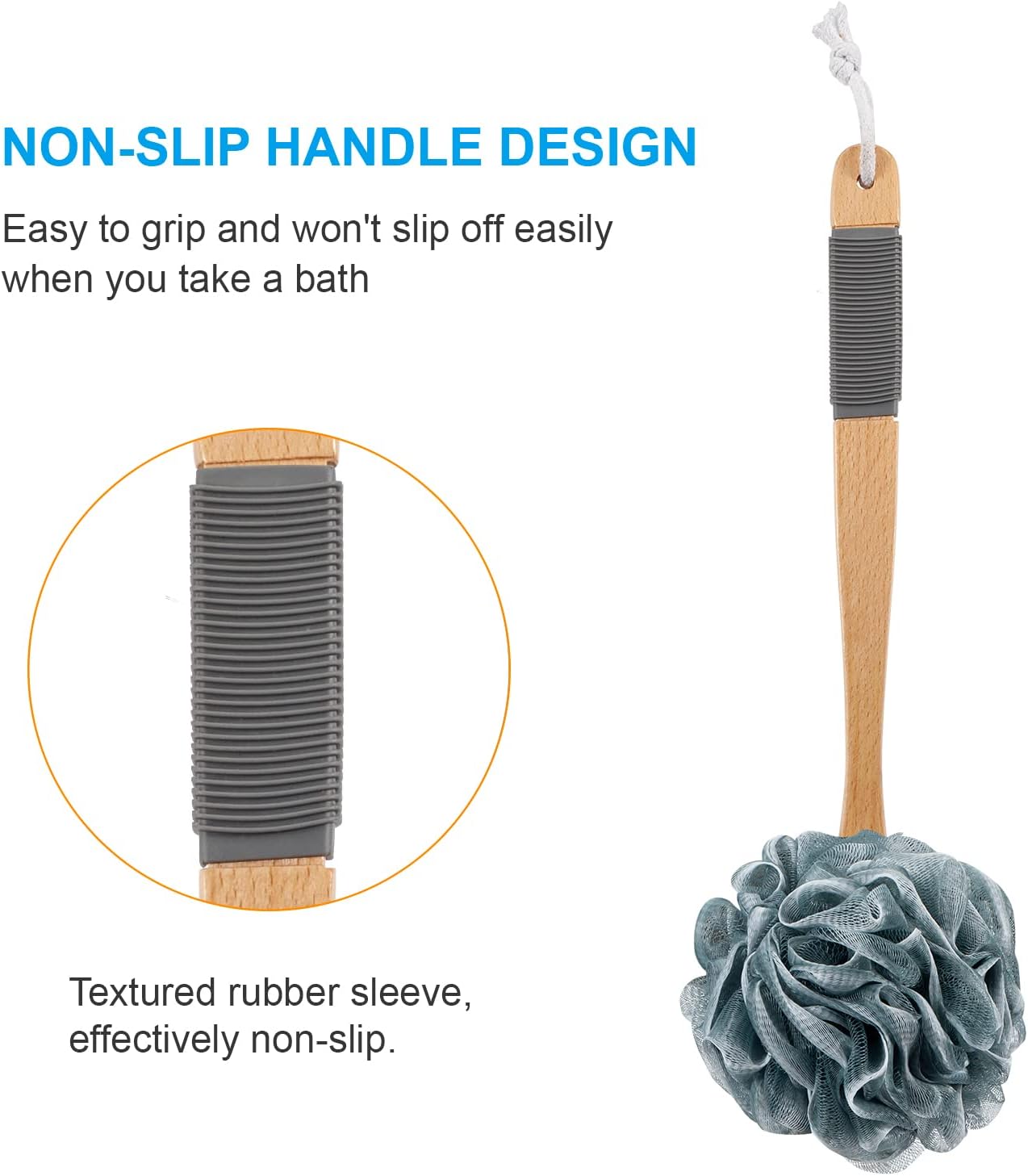 AmazerBath Shower Sponge Loofah Back Scrubber, PE Soft Mesh Loofah Body Scrubber with Long Wooden Handle, Bath Sponge for Men Women (Gray)