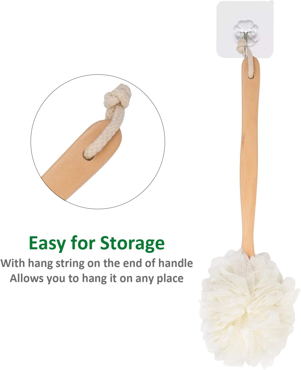 Loofah Back Scrubber for Shower, Wooden Long Handle Bath Sponge Lufa Shower Brush, Soft Nylon Mesh Back Cleaner Washer, Women & Men Exfoliating Luffa Pouf on a Stick for Body (White)
