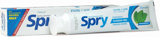 Spry Natural Xylitol Toothpaste 5oz for Adults and Kids - Fluoride Free, Gentle for Sensitive Teeth Whitening and Remineralizing, Breath Freshening, Mouth Moisturizing, Peppermint (Pack of 3)