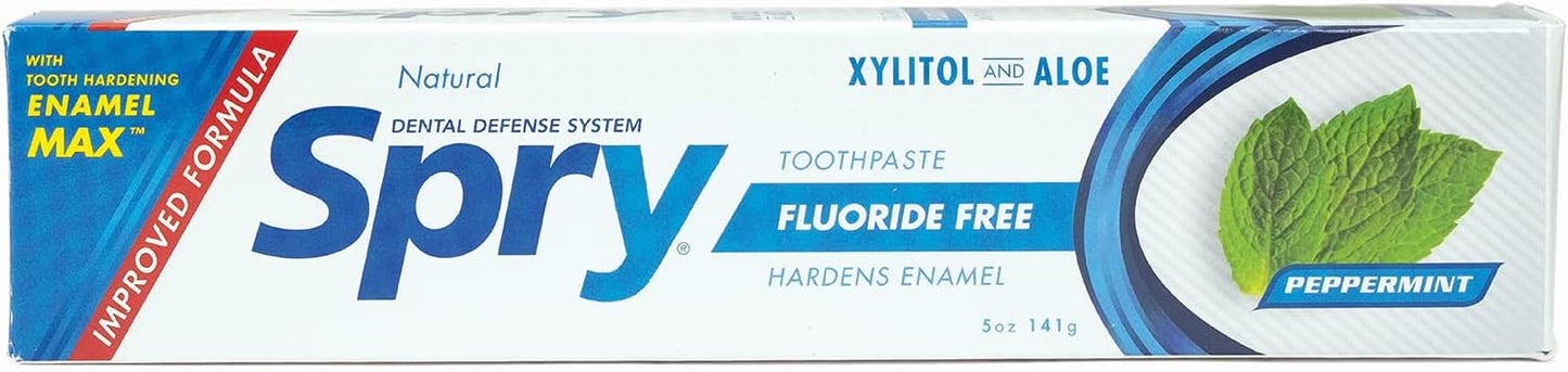 Spry Natural Xylitol Toothpaste 5oz for Adults and Kids - Fluoride Free, Gentle for Sensitive Teeth Whitening and Remineralizing, Breath Freshening, Mouth Moisturizing, Peppermint (Pack of 2)