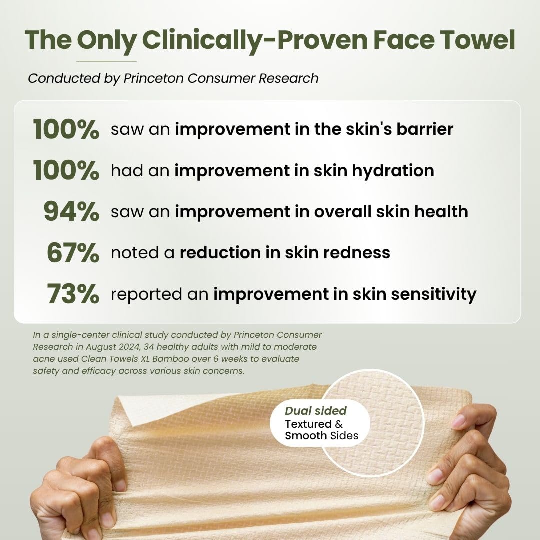Clean Skin Club Bamboo Viscose Clean Towels XL™, 100% USDA Biobased Face Towel, Disposable Face Towelette, Makeup Remover Dry Wipes, Ultra Soft, 50 Ct, 1 Pack
