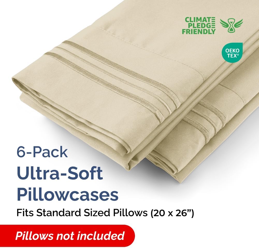 Standard Pillow Cases Set of 6 - Ultra Soft Hotel Quality Pillowcase Covers - Comfy, Cozy & Wrinkle Free - Shrink, Stain and Fade Resistant - Machine Washable Pillow Protectors - 6 Piece Set - Cream