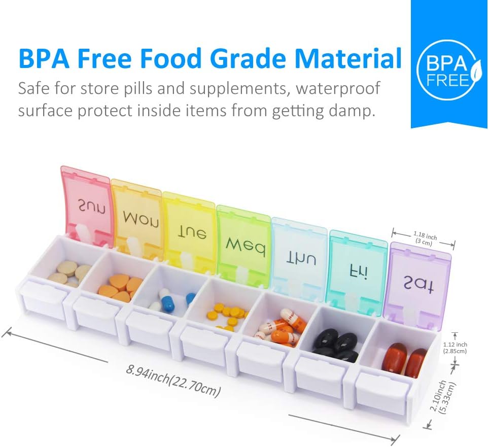 GOGOODA 2 Pack Weekly Pill Organizer Arthritis Friendly, Travel 7 Day Pill Holder Vitamin Container Organizer with Popup Open Design and Ample Space to Hold Vitamins, Fish Oil and Medication