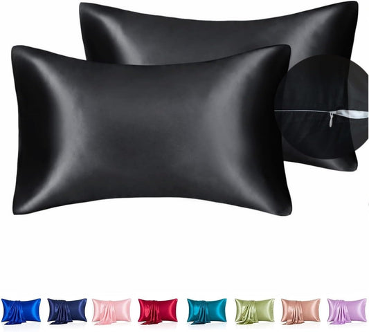 Juwenin Bedding,Luxury Satin Pillowcase with Zipper (Silky Satin Pillow Case for Hair) Set of 2 (Black, Queen(20''x29''))