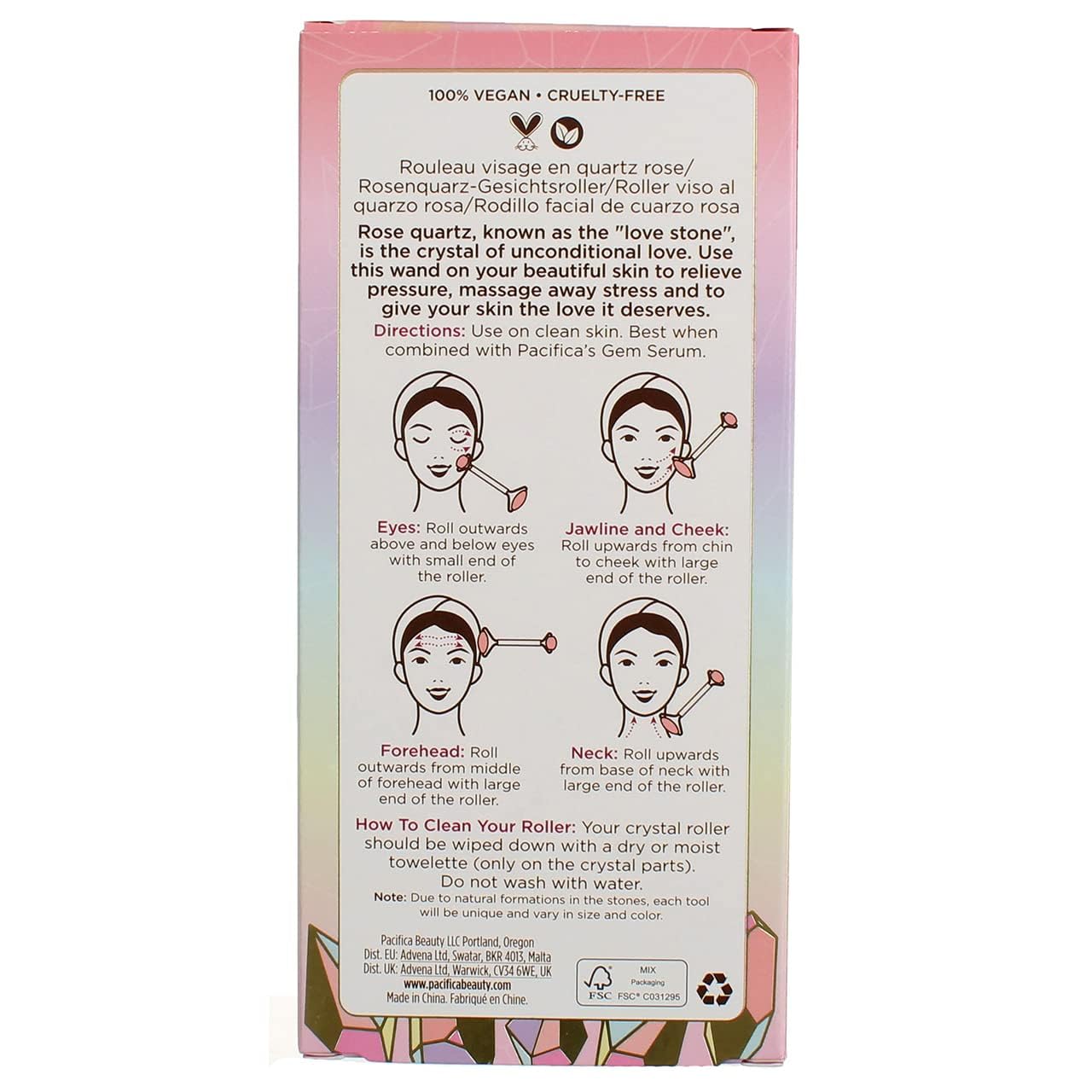 Pacifica Rose Quartz Facial Roller Massager – Crystal Gua Sha Skincare Tool for Face, Eyes & Neck – Cooling Stone Face Massager for Wrinkles, Fine Lines, Puffiness – Self Care Beauty Gift