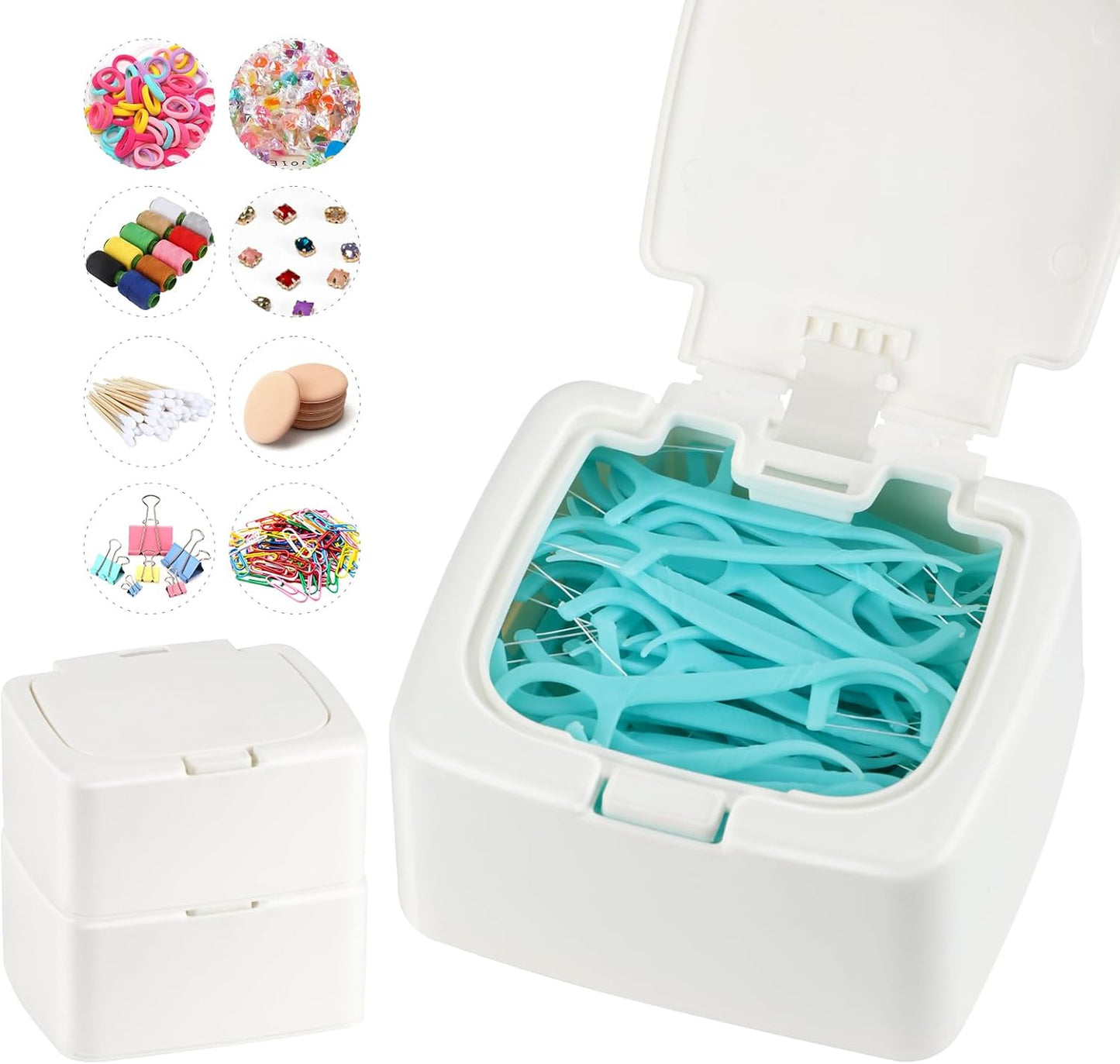 JGB Floss Pick Dispenser,2Packs Refillable Press Flip Floss Sticks Holder,Reusable Floss Pick Case For Cotton Swabs,Balls,Pads,Qtip - Square Storage Box For Home,Hotel,Office Organizers - White