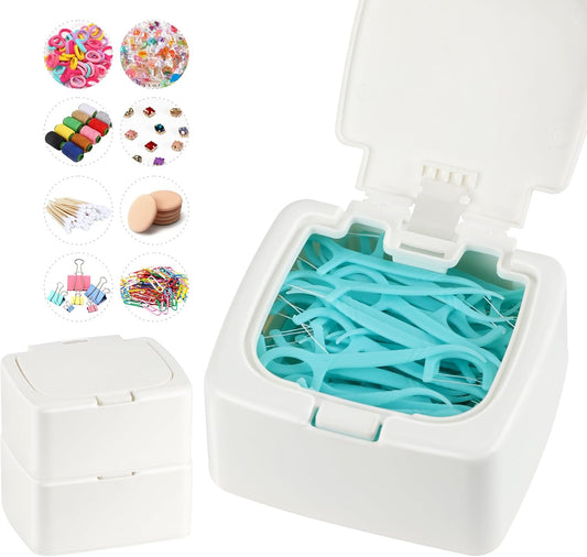 JGB Floss Pick Dispenser,2Packs Refillable Press Flip Floss Sticks Holder,Reusable Floss Pick Case For Cotton Swabs,Balls,Pads,Qtip - Square Storage Box For Home,Hotel,Office Organizers - White