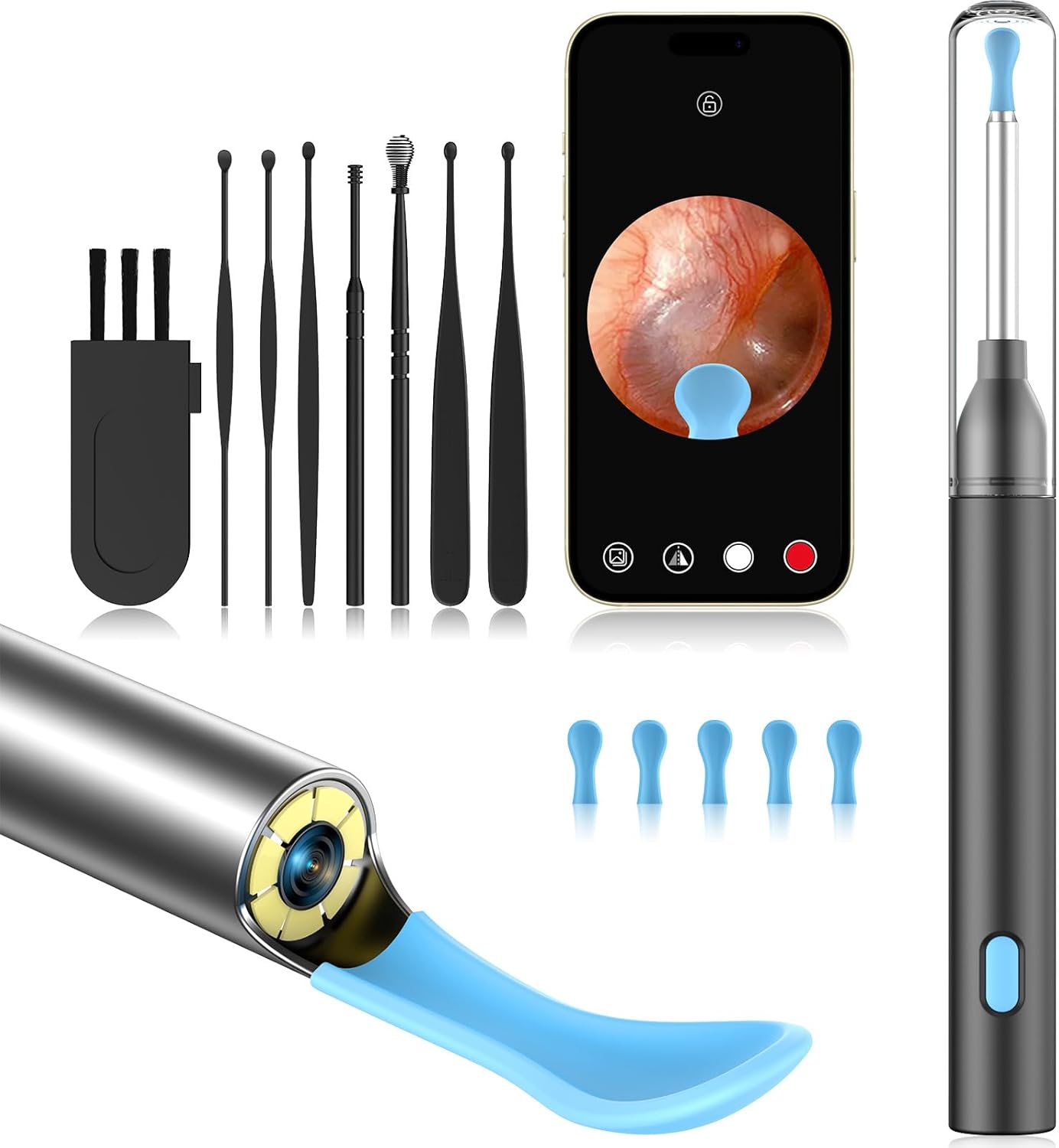 Ear Wax Removal Tool Camera with 8 Kits & 5 Ear Spoon, Ear Cleaner with Camera 1080P HD, Earwax Removal Kit with 6 LED Lights, Ear Wax Removal Kit for iOS & Android
