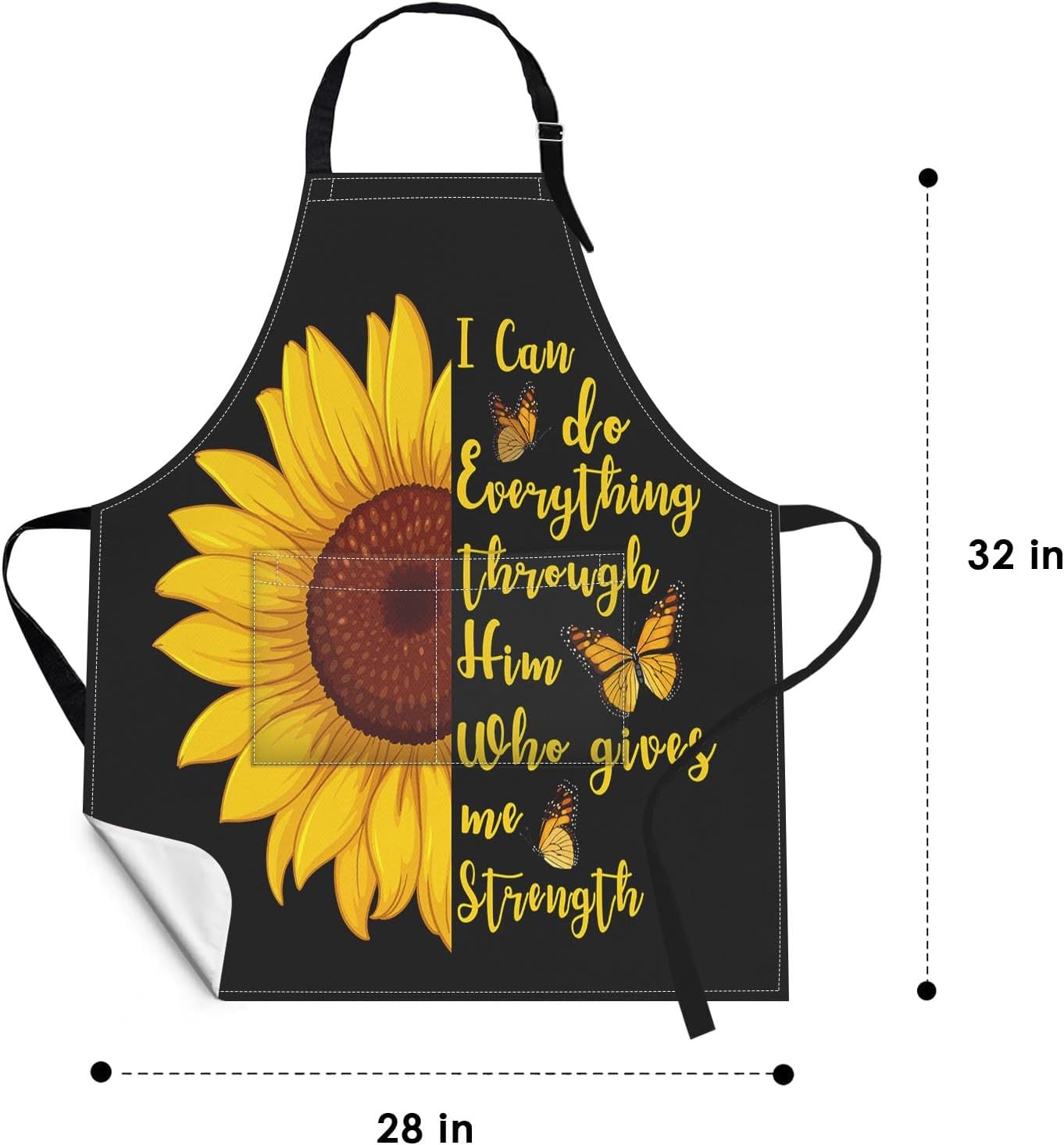 2 Pack Aprons, Sunflower Butterfly Adjustable Bib Aprons with 2 Pockets for Women Men Couple Lovers Chef Home Kitchen Cooking Baking Gardening Black Yellow Apron 32x28 Inches