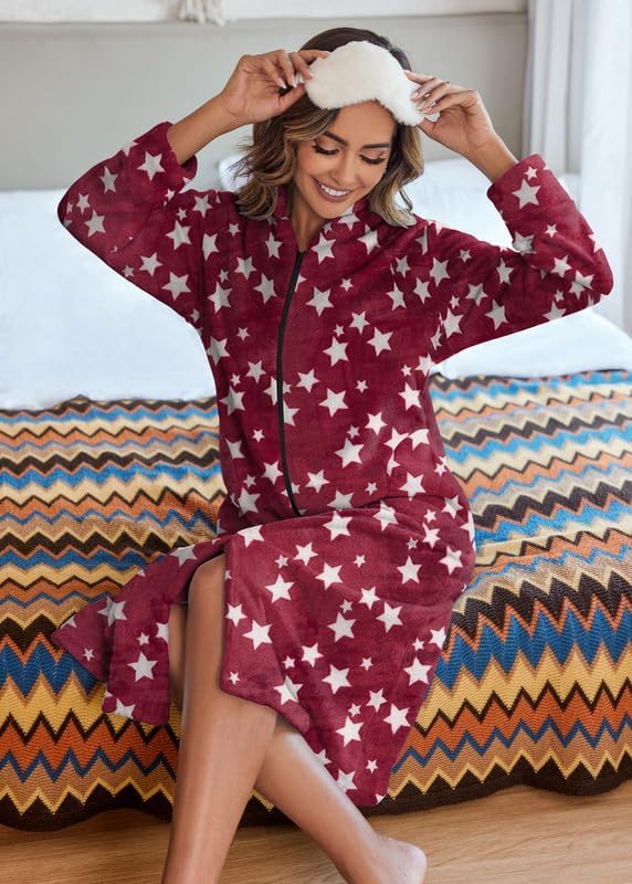 Ekouaer Women's Zip Up Robe Fleece Bathrobe Long Zipper Lounger Warm Housecoat Long Sleeve Nightgown with Pockets S-XXL