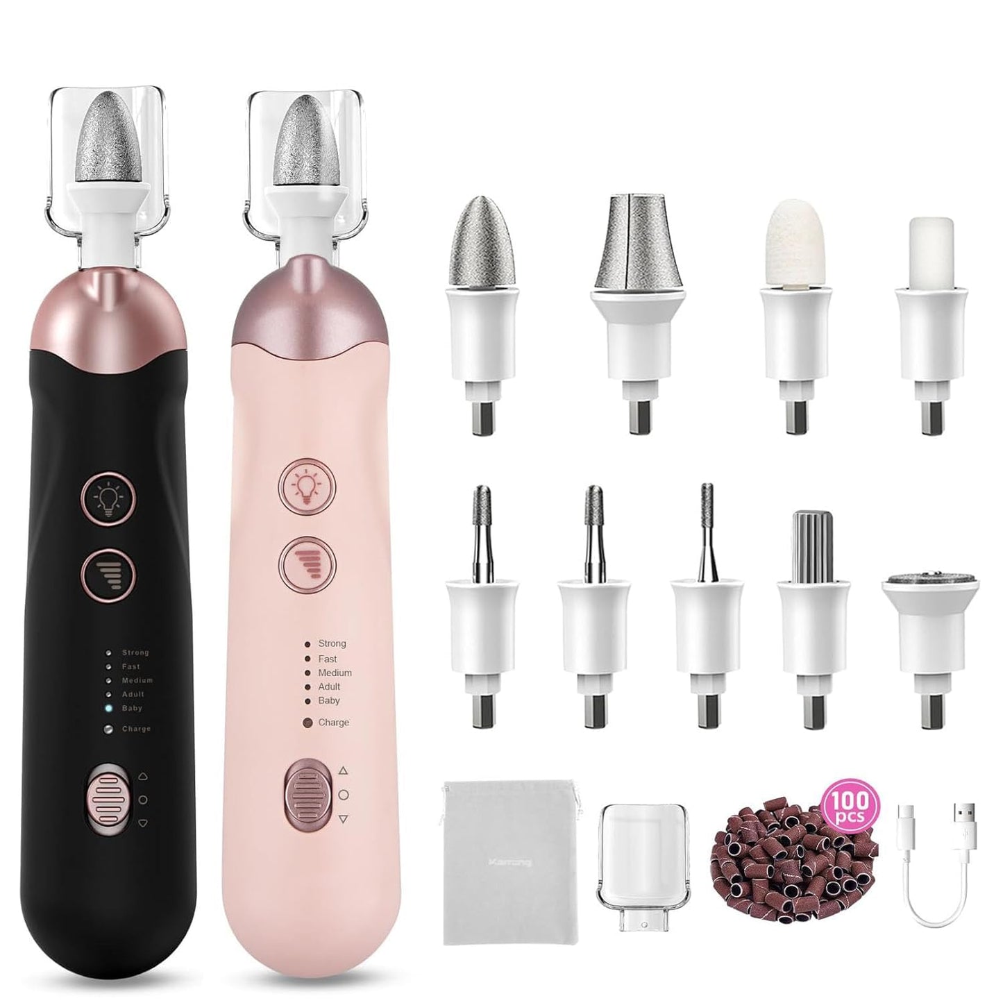 2 Pack 5-Speed Cordless 9-in-1 Electric Nail Drill Set: 100 Bits, Ideal for Home DIY & Salon Precision