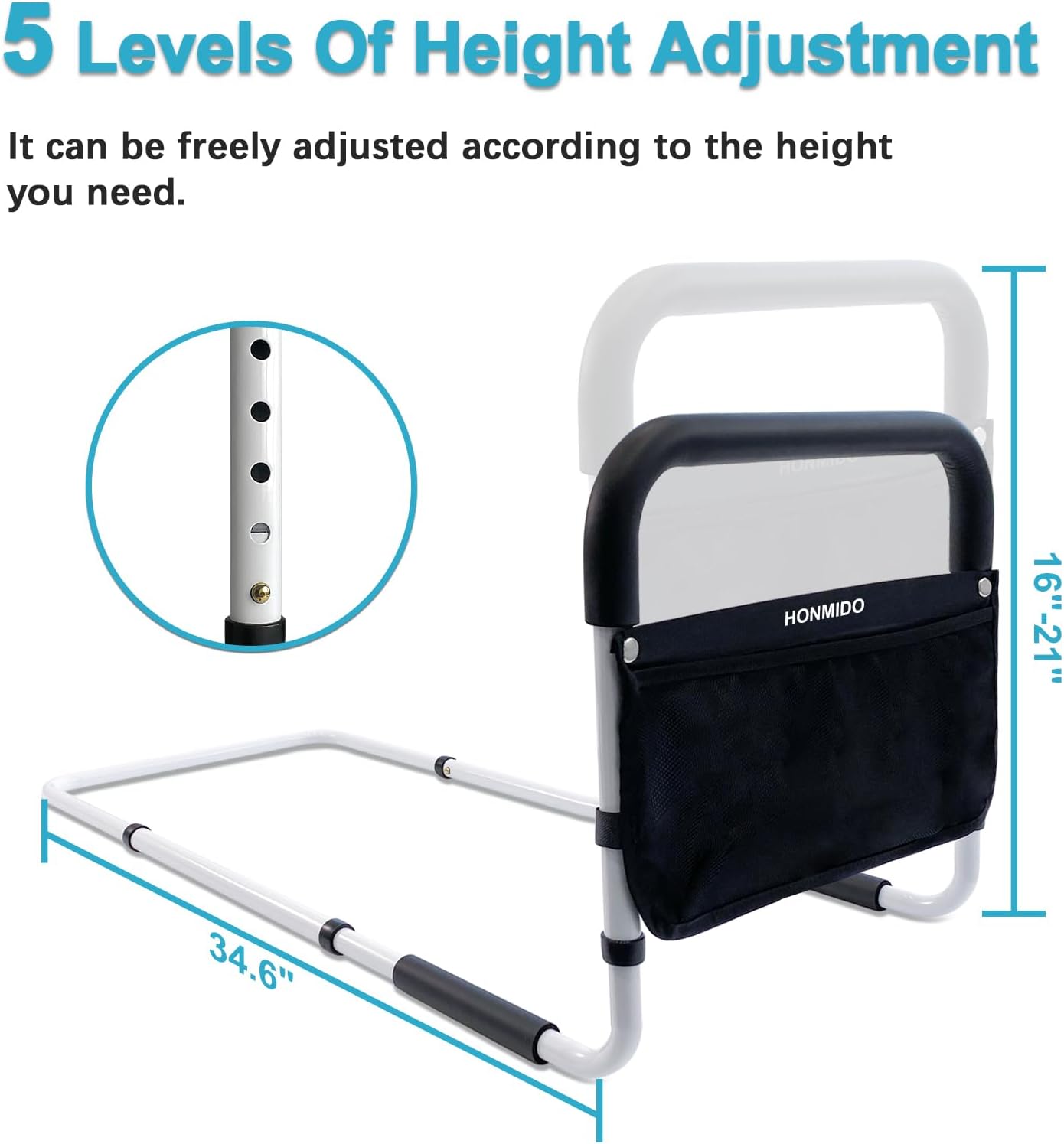 Bed Rails for Elderly Adults Safety Height Adjustable Bed Assist Rail for Seniors Bedside Fall Prevent Grab Bar with Storage Pocket Fits King Queen Full Twin Bed (Grey)