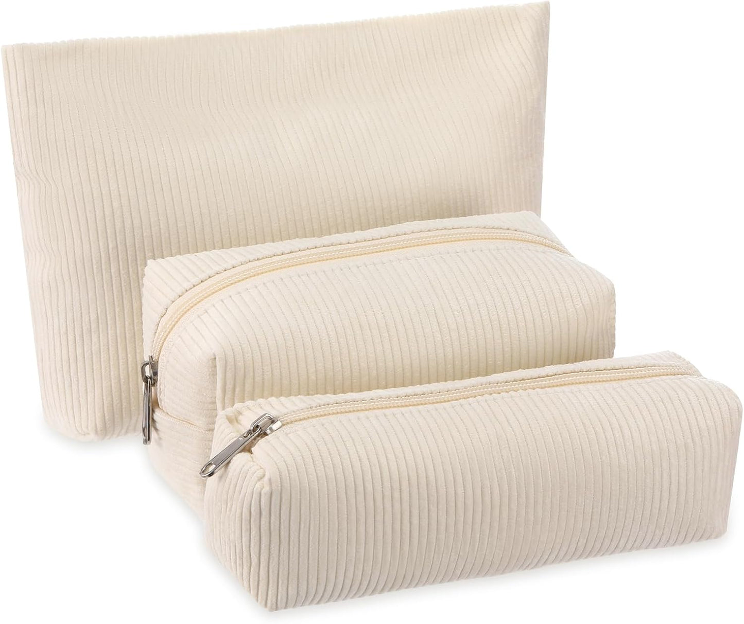 3 Pcs Makeup Bag Set for Women Corduroy Cosmetic Pouch Aesthetic Smile Travel Toiletry Bag Cute Purse Pouch Pencil Case Makeup Brushes Storage Organizer for Christmas(White,Solid Style)