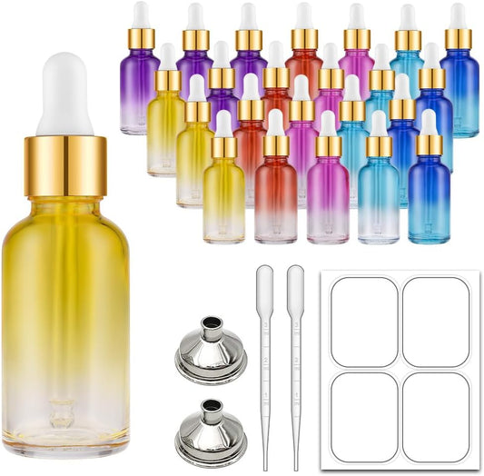Bumobum 2 oz Dropper Bottle, Glass Eye Dropper Bottles with Golden Top Cap for Essential Oils, 24 Pack Tincture Bottle with Labels and Funnel