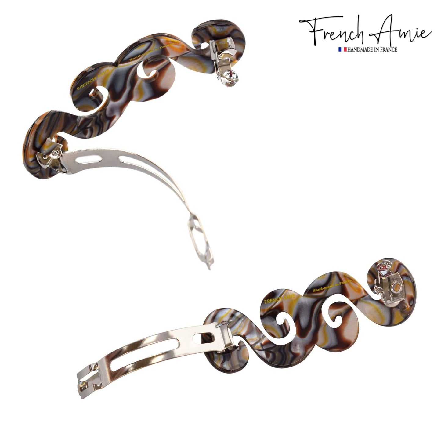 French Amie Swirls Onyx Silver Grey 3” Celluloid Handmade Hair Clip Barrette with Silver Clasp for Women and Girls, Made in France