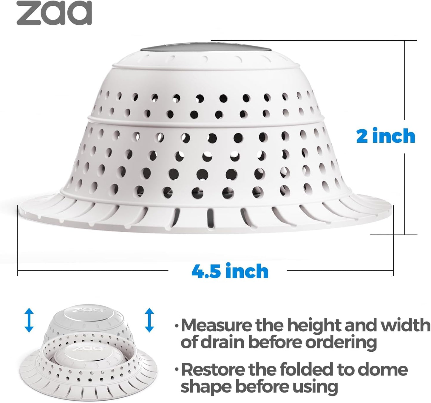 zaa Bathtub Drain Hair Catcher, Premium Silicone Collapsible 2 Pack Drain Protector for Pop-Up and Regular Drains of Shower, Bathtub, Tub, Bathroom, Sink, White
