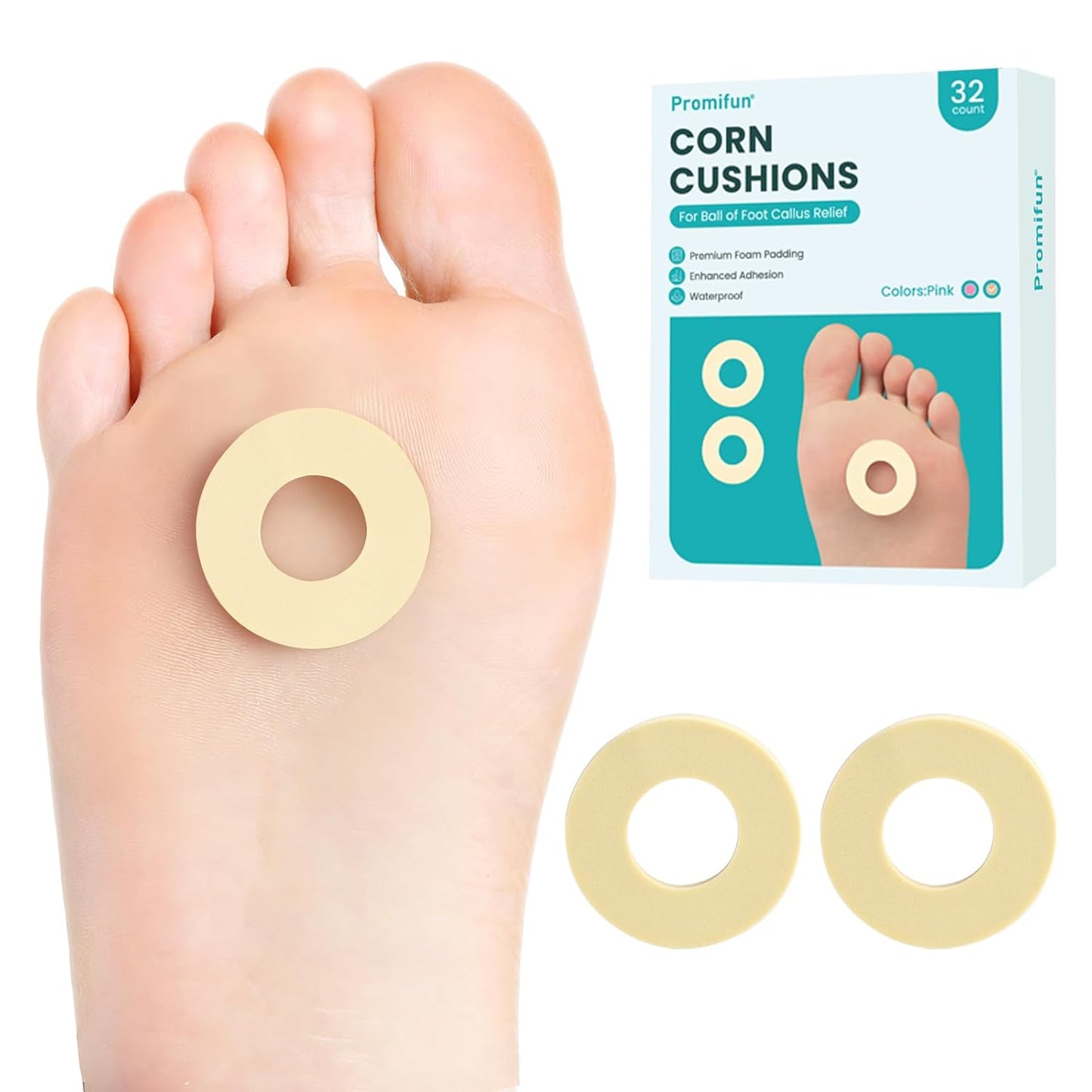 Callus Cushions for Bottom of Foot - Round Foam Padding with Water-Resistant Self-Stick Adhesive - Corn Cushions for Toes and Feet, Reduce Pain, Pressure and Friction from Shoes (Beige, 32 Count)