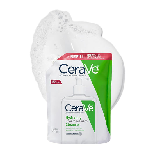 CeraVe Hydrating Cream To Foam Cleanser, Makeup Remover Face Wash For Dry Skin, Foaming Facial Cleanser With Hyaluronic Acid, Normal To Dry Skin, Fragrance Free & Non Comedogenic, 16 Ounce Refill