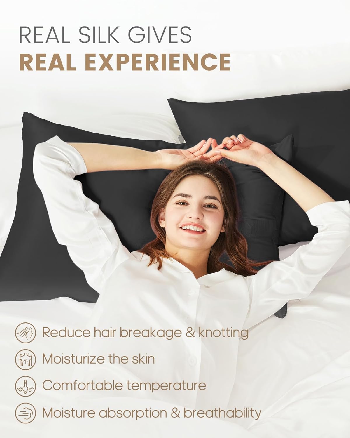 THXSILK 100% Mulberry Silk Pillowcase for Hair and Skin, Both Sides Grade 6A+ Pure Natural Silk, Soft and Breathable Black Zipper Pillowcase, Queen Size 20"x30"