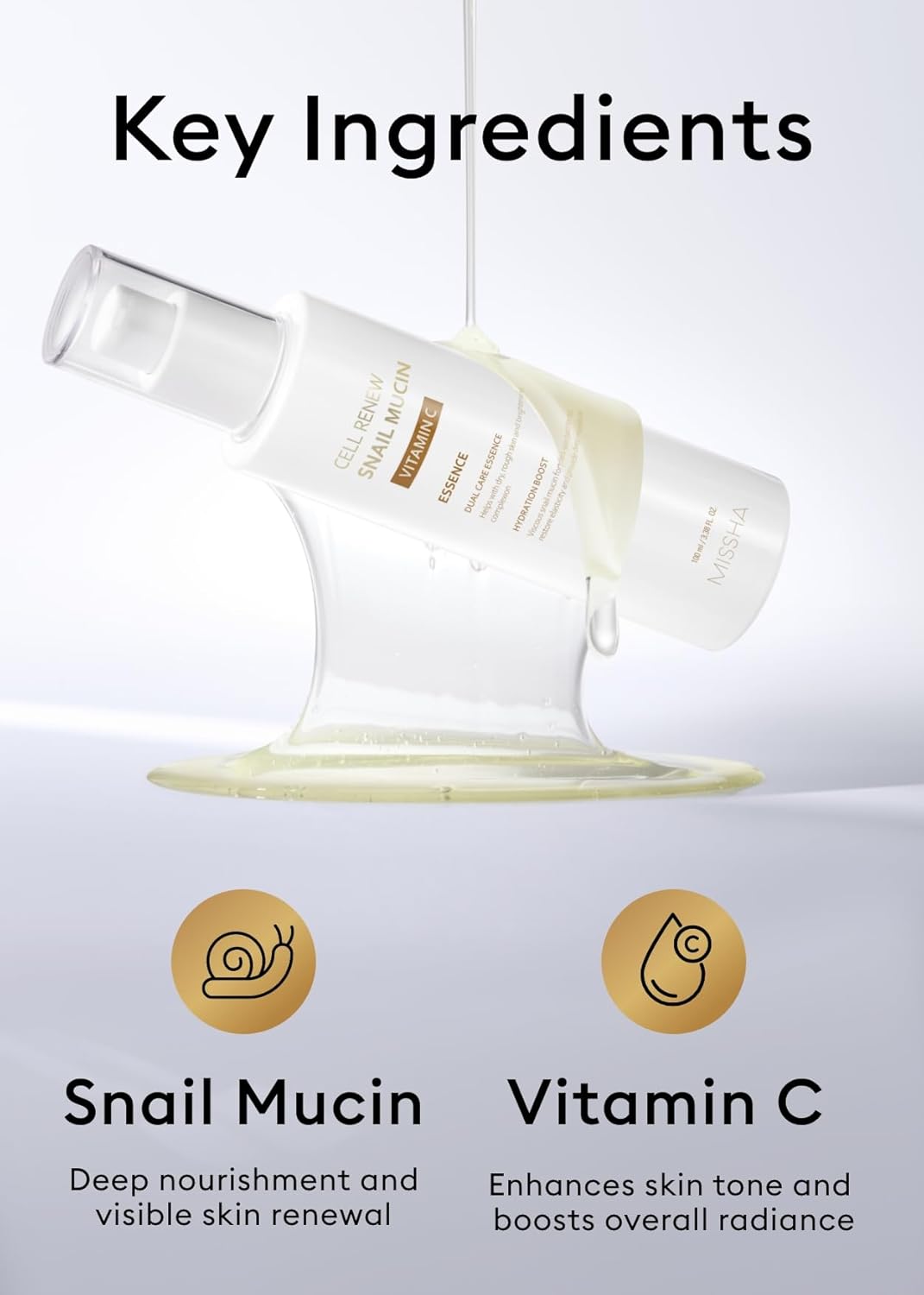 MISSHA Cell Renew Snail Mucin Vitamin C Essence Serum 3.38 Fl oz - Hydrating Korean Skincare for Glass Skin, Snail Mucin Serum for Improved Skin Texture & Complexion