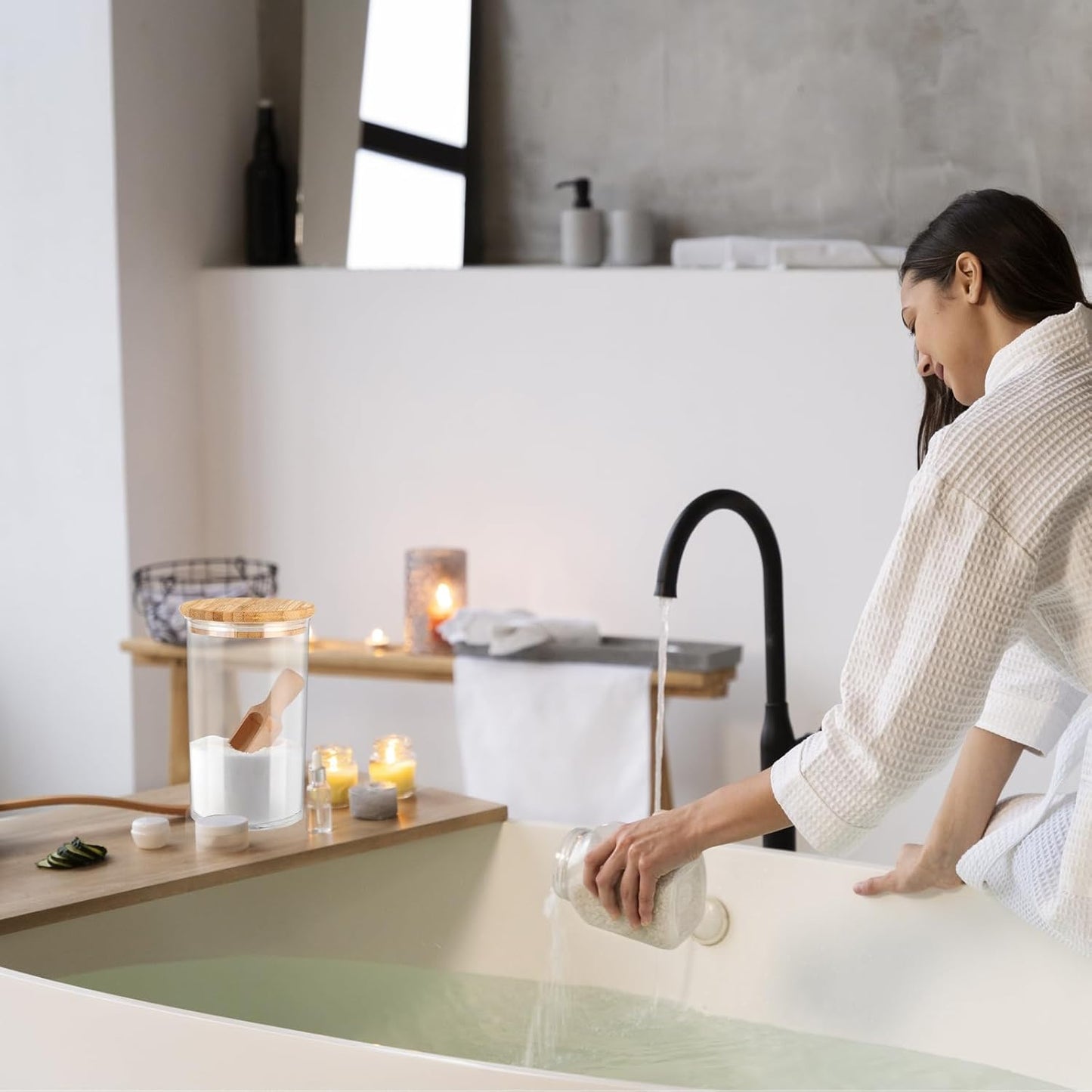 42oz Acrylic Bath Salt Jar with Wooden Scoop Flour Containers with Lids Airtight Epsome Salt Bath for Bathroom Kitchen（Hold 42 Ounces of Bath Salt）