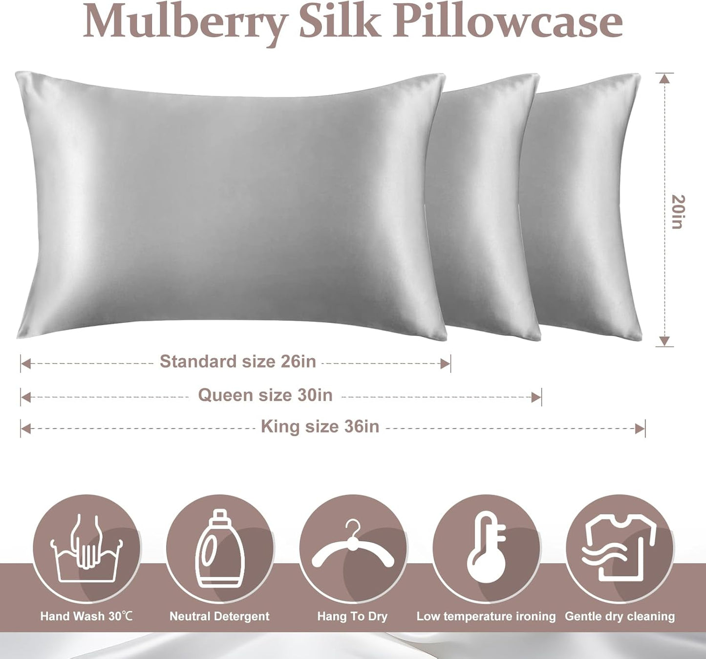 2 Pack 100% Pure Silk Pillowcase for Hair and Skin, Both Sides Mulberry Silk Pillowcases with Hidden Zipper, Cooling Pillowcase 19 Momme, 600 Thread Silk Pillow Cases Queen Size, Gray