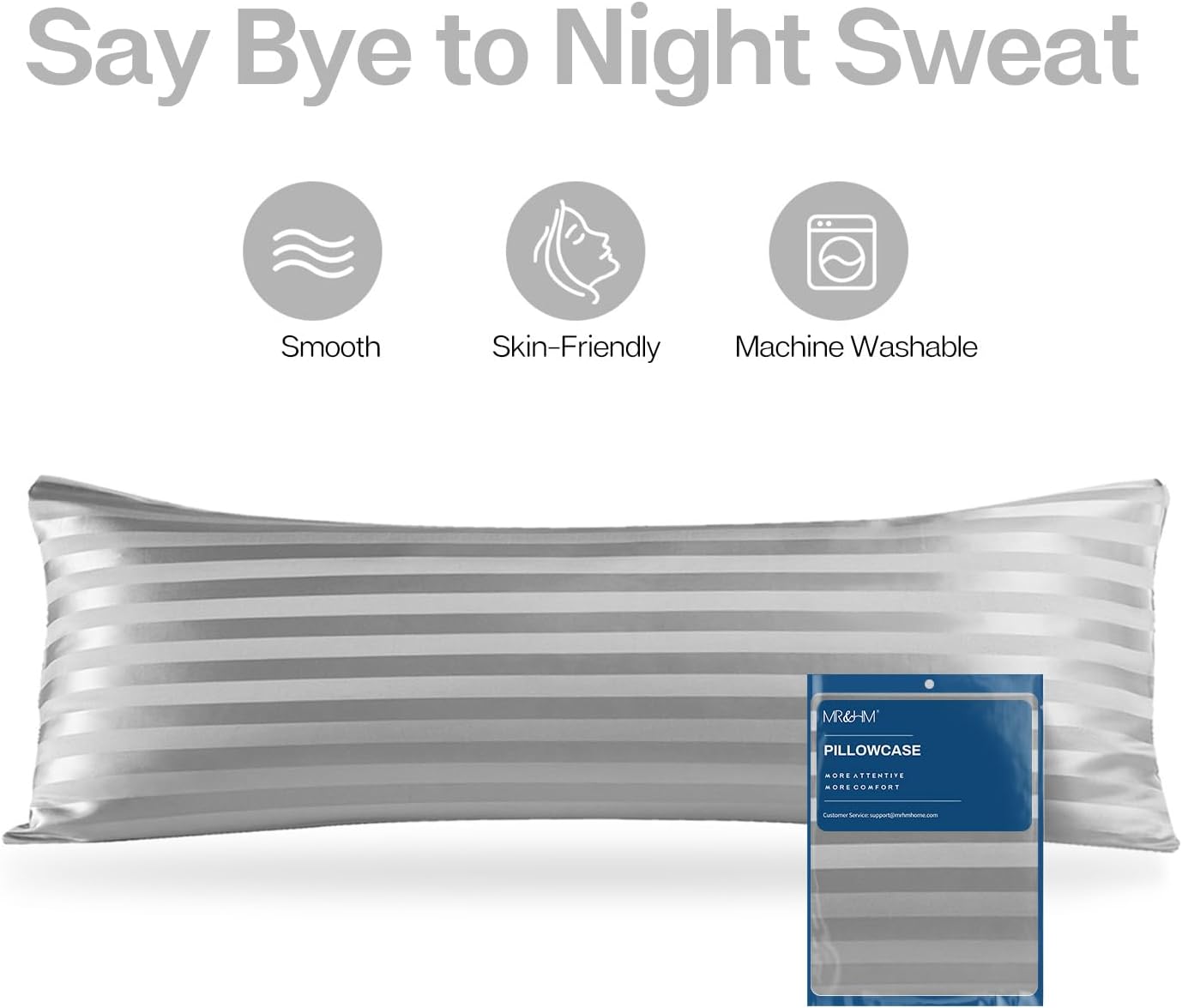 MR&HM Satin Body Pillow Cover, Soft and Breathable Body Pillow Case with Envelope Closure, Cooling and Silky Long Pillowcase for Hair and Skin,Grey (20x54, Silver Striped)