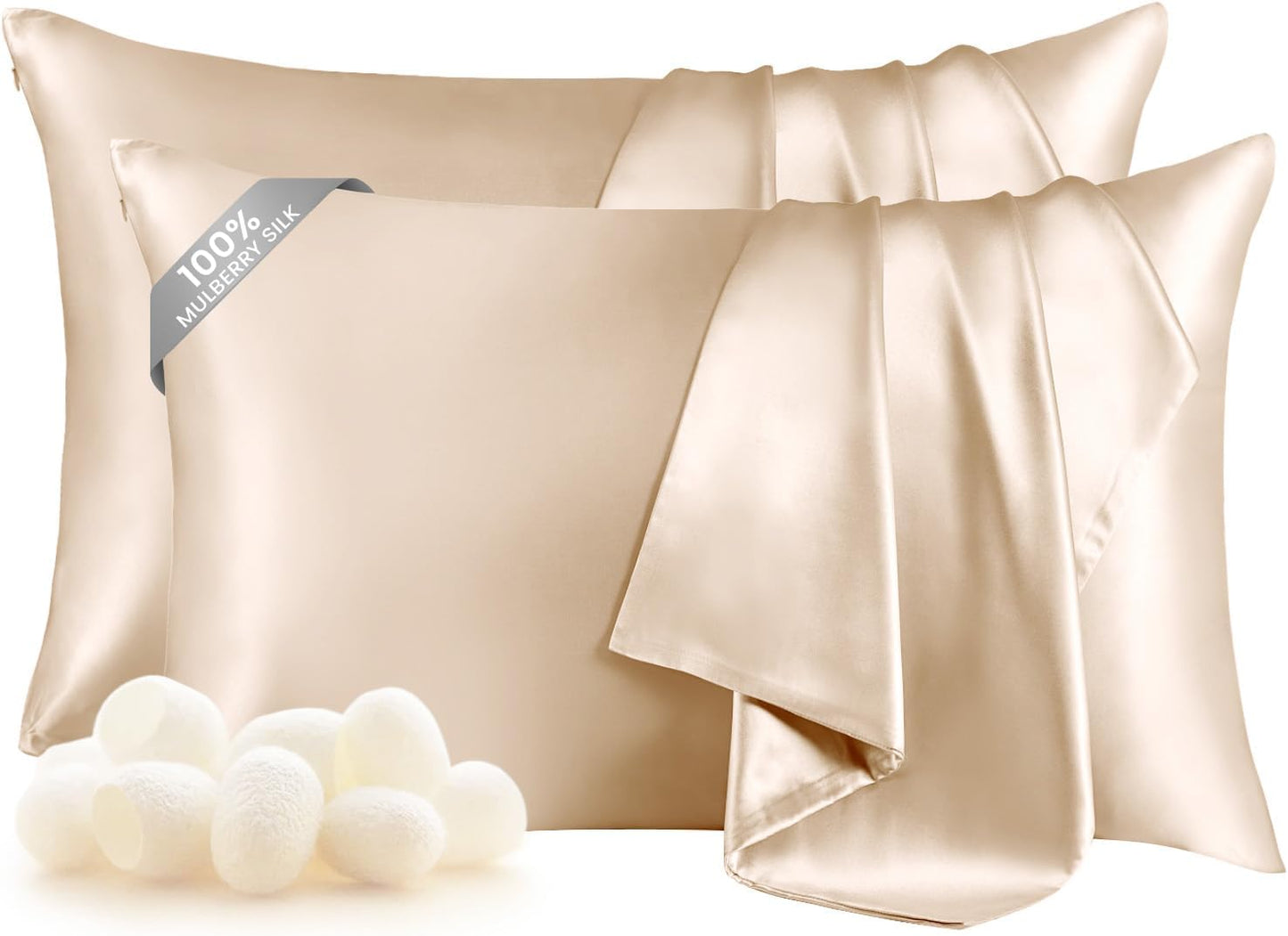 THXSILK Set of 2 Mulberry Silk Pillowcases for Hair and Skin, 100% Mulberry Silk Bed Pillowcase 19 Momme, Soft Breathable Silk Pillow Case with Hidden Zipper, King Size Pillow Cases (Beige)
