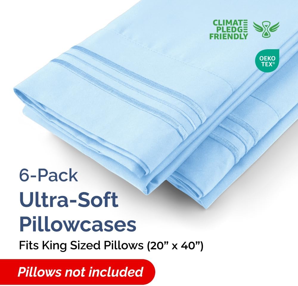 King Pillow Cases Set of 6 - Ultra Soft Hotel Quality Pillowcase Covers - Comfy. Cozy & Wrinkle Free - Shrink, Stain and Fade Resistant - Machine Washable Pillow Protectors - 6 Piece Set - Light Blue