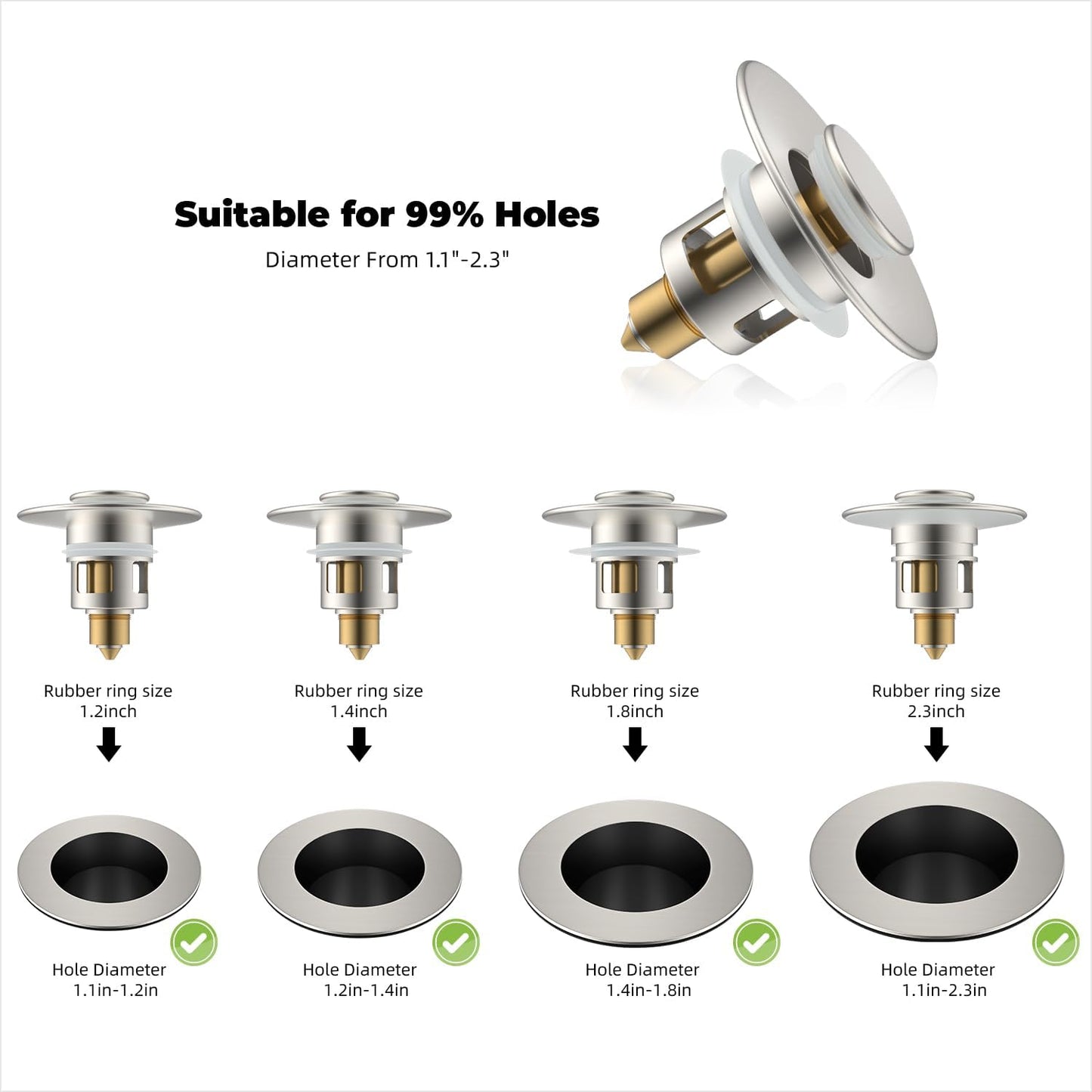 Hibbent 2 Pack All Metal Universal Bathroom Sink Stopper for 1.1''~2.3'' Basin, Pop Up Sink Drain Strainer, Brass Core Push Type Stopper, Stainless Steel Anti Clogging Drain Filter, Brushed Nickel