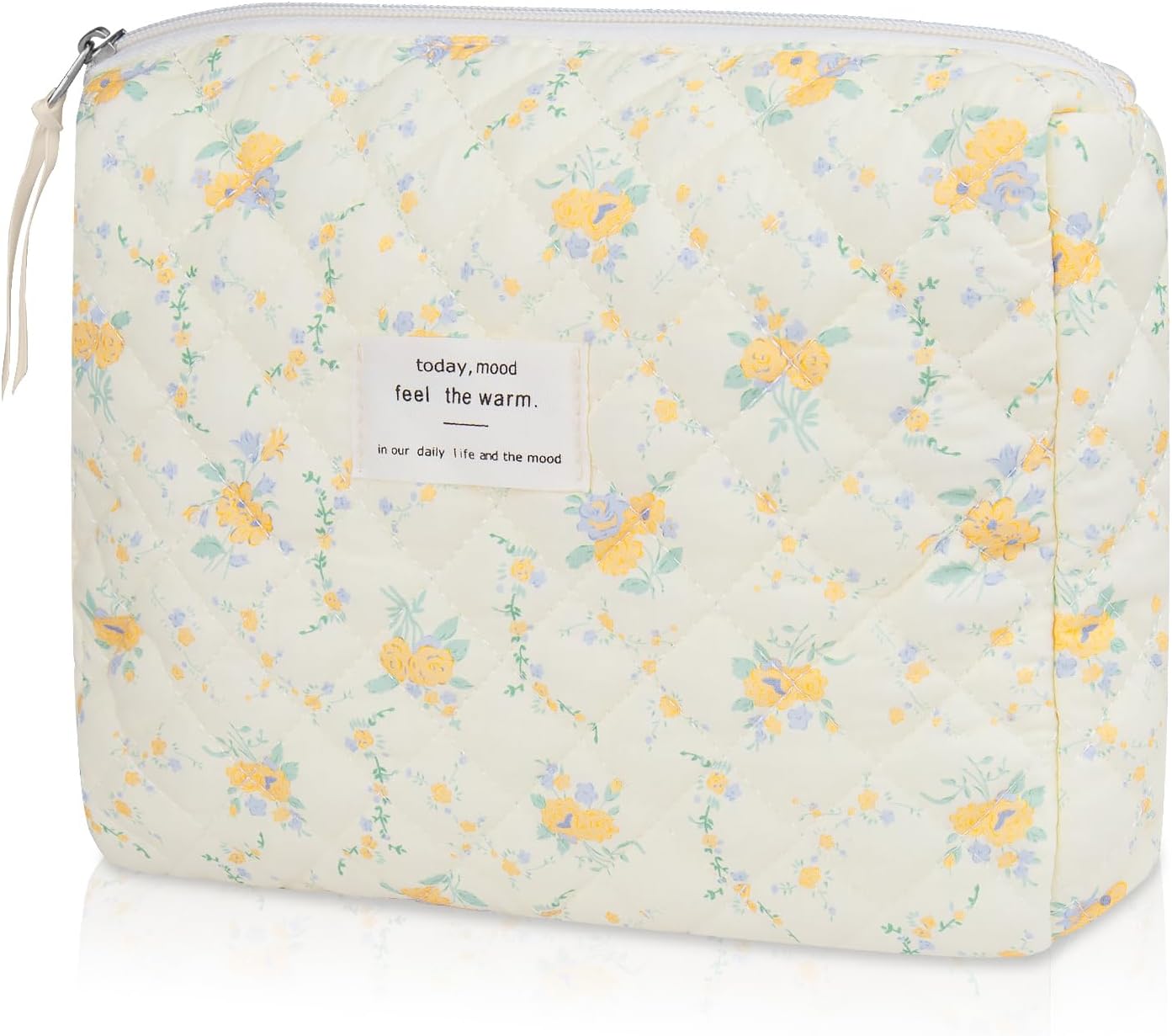 Floral Makeup Bag, Small Cosmetic Bag for Women Girls, Cute Cotton Makeup Bag, Quilted Makeup Bags, Flower Travel Toiletry Organizer Bag(Yellow Flowers)